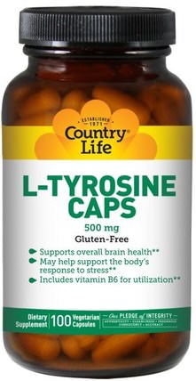 L-Tyrosine Caps, 500 mg, 100 Veggie Caps by Country Life, 補充劑，氨基酸，酪氨酸 HK 香港