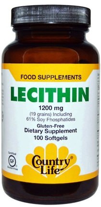 Lecithin, 1200 mg, 100 Softgels by Country Life, 補充劑，卵磷脂 HK 香港