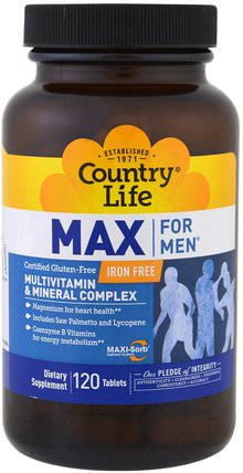 Max for Men, Multivitamin & Mineral Complex, Iron-Free, 120 Tablets by Country Life, 維生素，男性多種維生素 HK 香港
