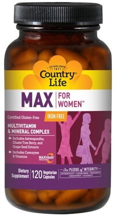 Max, for Women, Multivitamin & Mineral Complex, Iron Free, 120 Veggie Caps by Country Life, 維生素，女性多種維生素 HK 香港