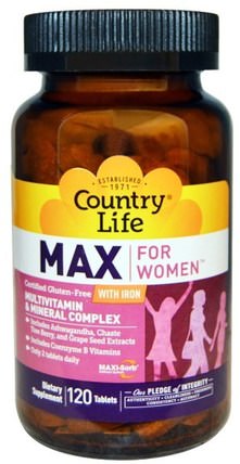 Max, for Women, Multivitamin & Mineral Complex, With Iron, 120 Tablets by Country Life, 維生素，女性多種維生素 HK 香港