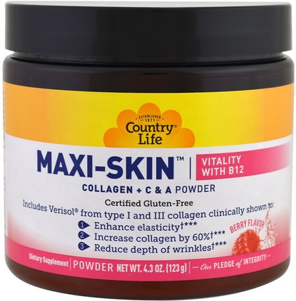 Maxi-Skin, Vitality with B12, Berry Flavor, Powder, 4.3 oz (123 g) by Country Life, 健康，骨骼，骨質疏鬆症 HK 香港