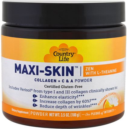 Maxi-Skin Zen With L-Theanine, Mandarin Chamomile Flavor, Powder, 3.5 oz (100 g) by Country Life, 補充劑，氨基酸，茶氨酸 HK 香港