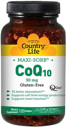 Maxi-Sorb, CoQ10, 30 mg, 120 Softgels by Country Life, 補充劑，輔酶q10 HK 香港