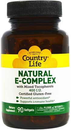 Natural E-Complex, with Mixed Tocopherols, 400 IU, 90 Softgels by Country Life, 維生素，維生素E生育三烯酚 HK 香港