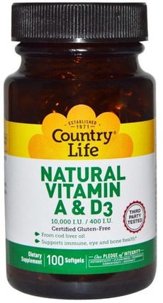 Natural Vitamin A & D3, 10.000 IU/400 IU, 100 Softgels by Country Life, 維生素，維生素a和d HK 香港