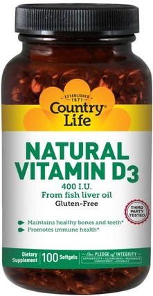 Natural Vitamin D3, 400 IU, 100 Softgels by Country Life, 補充劑，efa omega 3 6 9（epa dha），魚油，維生素 HK 香港