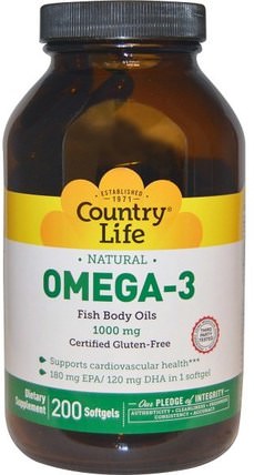 Omega-3, 1000 mg, 200 Softgels by Country Life, 補充劑，efa omega 3 6 9（epa dha），魚油 HK 香港