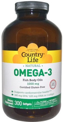 Omega-3, 1000 mg, 300 Softgels by Country Life, 補充劑，efa omega 3 6 9（epa dha），魚油 HK 香港
