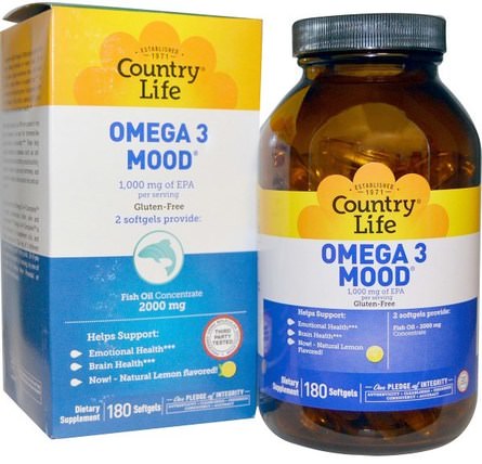 Omega 3 Mood, Natural Lemon Flavored, 180 Softgels by Country Life, 補充劑，efa omega 3 6 9（epa dha），魚油，健康，情緒 HK 香港