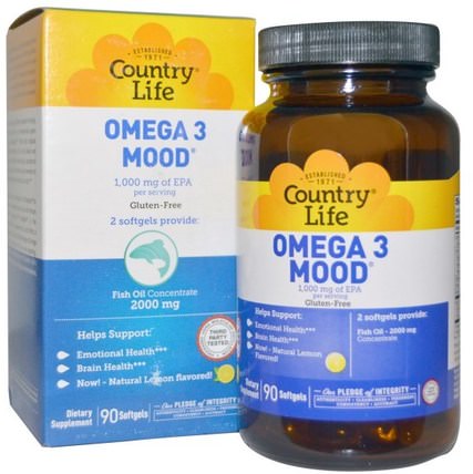Omega 3 Mood, Natural Lemon Flavored, 90 Softgels by Country Life, 健康，抗應激，補充劑，efa omega 3 6 9（epa dha），epa HK 香港