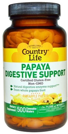 Papaya Digestive Support, Pineapple Papaya Flavor, 500 Chewable Wafers by Country Life, 補充劑，酶，木瓜木瓜蛋白酶，消化酶 HK 香港