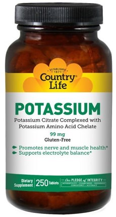 Potassium, 99 mg, 250 Tablets by Country Life, 補充劑，礦物質，鉀 HK 香港
