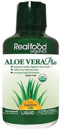 Realfood Organics, Aloe Vera Plus, 32 fl oz (944 ml) by Country Life, 補充劑，蘆薈，蘆薈液，食品，咖啡茶和飲料，果汁 HK 香港