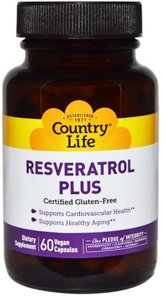 Resveratrol Plus, 60 Vegan Caps by Country Life, 補充劑，白藜蘆醇，抗氧化劑，葡萄皮提取物 HK 香港