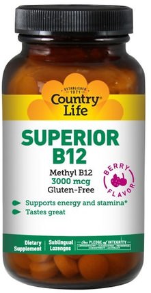 Superior B12, Berry Flavor, 3000 mcg, 50 Sublingual Lozenges by Country Life, 維生素，維生素b12 HK 香港