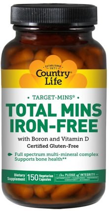 Total Mins Iron-Free, 150 Veggie Caps by Country Life, 補品，礦物質 HK 香港