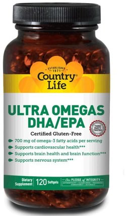 Ultra Omegas DHA / EPA, 120 Softgels by Country Life, 補充劑，efa omega 3 6 9（epa dha），dha，epa，魚油 HK 香港