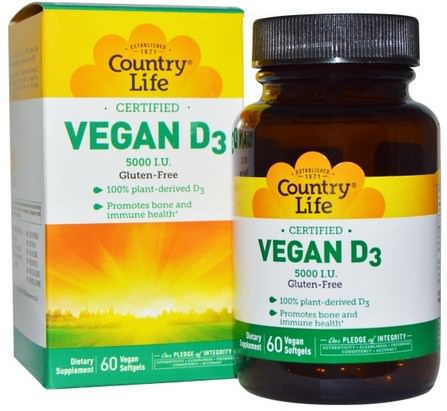 Vegan D3, 5000 IU, 60 Vegan Softgels by Country Life, 維生素，維生素D3 HK 香港