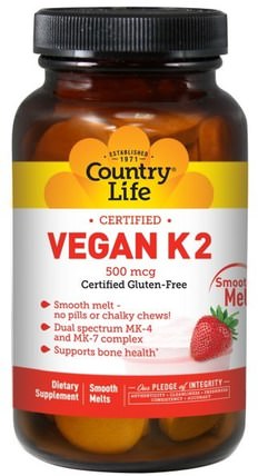 Vegan K2, Strawberry, 500 mcg, 60 Smooth Melts by Country Life, 維生素，維生素K HK 香港
