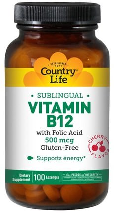 Vitamin B12, Sublingual, Cherry Flavor, 500 mcg, 100 Lozenges by Country Life, 維生素，維生素b12，維生素b12 - cyanocobalamin HK 香港