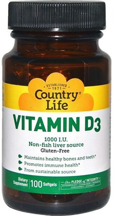 Vitamin D3, 1000 IU, 100 Softgels by Country Life, 維生素，維生素D3 HK 香港