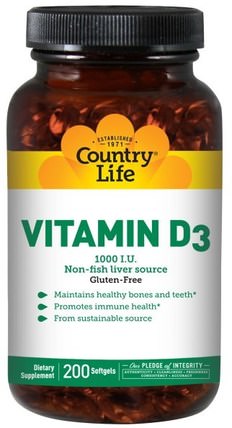 Vitamin D3, 1000 IU, 200 Softgels by Country Life, 維生素，維生素D3 HK 香港