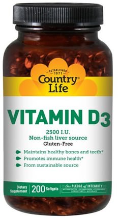 Vitamin D3, 2500 I.U., 200 Softgels by Country Life, 維生素，維生素D3 HK 香港