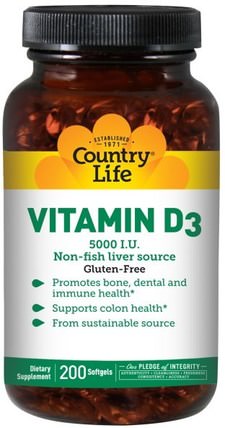Vitamin D3, 5.000 IU, 200 Softgels by Country Life, 維生素，維生素D3 HK 香港