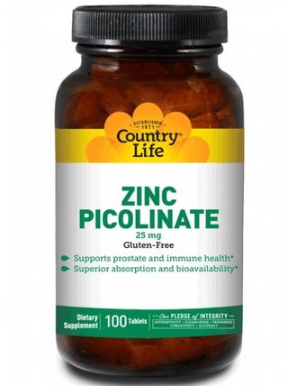 Zinc Picolinate, 25 mg, 100 Tablets by Country Life, 補品，礦物質，鋅 HK 香港