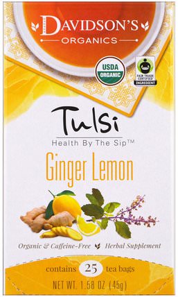 Tulsi, Organic Ginger Lemon Tea, Caffeine-Free, 25 Tea Bags, 1.58 oz (45 g) by Davidsons Tea, 食物，涼茶，生薑茶 HK 香港