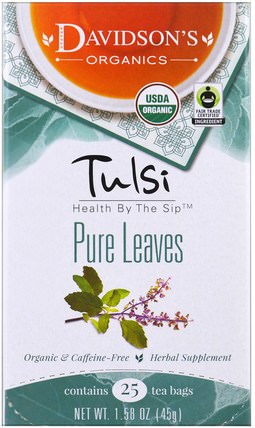 Tulsi, Organic Pure Leaves Tea, Caffeine-Free, 25 Tea Bags, 1.58 oz (45 g) by Davidsons Tea, 食物，涼茶，tulsi茶 HK 香港