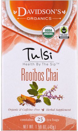 Tulsi, Organic Rooibos Chai Tea, Caffeine-Free, 25 Tea Bags, 1.58 oz (45 g) by Davidsons Tea, 食物，涼茶，tulsi茶 HK 香港