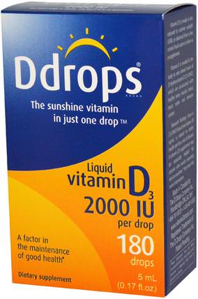 Liquid Vitamin D3, 2000 IU, 0.17 fl oz (5 ml) by Ddrops, 維生素，維生素D3，維生素D3液體 HK 香港