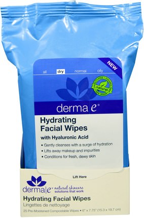 Hydrating Facial Wipes, 25 Pre-Moistened Compostable Wipes by Derma E, 美容，面部護理，潔面乳，真皮保濕系列 HK 香港