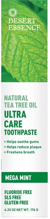 Natural Tea Tree Oil Ultra Care Toothpaste, Mega Mint, 6.25 oz (176 g) by Desert Essence, 洗澡，美容，口腔牙齒護理，牙膏 HK 香港