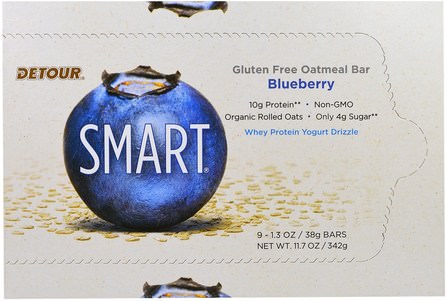 Gluten Free Oatmeal Bar, Blueberry, 9 Bars, 1.3 oz (38 g) Each by Detour, 食物，零食，蛋白質棒 HK 香港