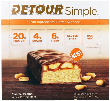 Simple, Whey Protein Bars, Caramel Peanut, 12 Bars, 2.1 oz (60 g) Each by Detour, 運動，蛋白質棒，小吃，健康零食 HK 香港