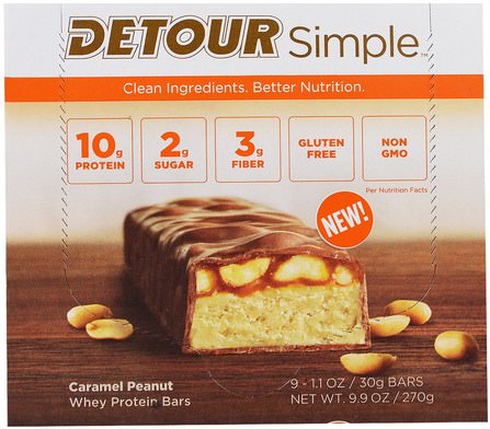 Simple, Whey Protein Bars, Caramel Peanut, 9 Bars, 1.1 oz (30 g) Each by Detour, 運動，蛋白質棒，小吃，健康零食 HK 香港