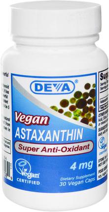 Vegan, Astaxanthin, 4 mg, 30 Vegan Caps by Deva, 補充劑，抗氧化劑，蝦青素 HK 香港