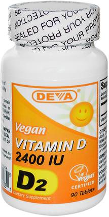 Vegan, Vitamin D, D2, 2400 IU, 90 Tablets by Deva, 維生素，維生素d3，維生素d 2（麥角鈣化醇） HK 香港