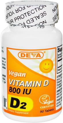 Vegan, Vitamin D, D2, 800 IU, 90 Tablets by Deva, 維生素，維生素d3，維生素d 2（麥角鈣化醇） HK 香港