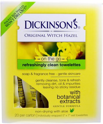Original Witch Hazel On the Go, Refreshingly Clean Towelettes, 20 Per Carton, 5 x 7 Each by Dickinson Brands, 美容，面部護理，潔面乳，皮膚 HK 香港