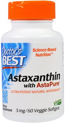Astaxanthin with AstaPure, 3 mg, 60 Veggie Softgels by Doctors Best, 補充劑，抗氧化劑，蝦青素 HK 香港