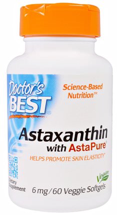 Astaxanthin with AstaPure, 6 mg, 60 Veggie Softgels by Doctors Best, 補充劑，抗氧化劑，蝦青素 HK 香港