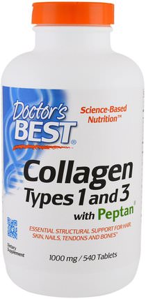 Collagen Types 1 and 3 with Peptan, 1.000 mg, 540 Tablets by Doctors Best, 健康，骨骼，骨質疏鬆症，膠原蛋白 HK 香港