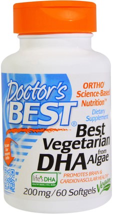 Best Vegetarian DHA, from Algae, 200 mg, 60 Softgels by Doctors Best, 補充劑，efa omega 3 6 9（epa dha），dha HK 香港
