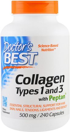 Collagen, Types 1 and 3 with Peptan, 500 mg, 240 Capsules by Doctors Best, 健康，骨骼，骨質疏鬆症，膠原蛋白類型i和iii HK 香港