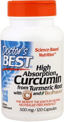 Curcumin, High Absorption, 500 mg, 120 Capsules by Doctors Best, 補充劑，抗氧化劑，薑黃素c3複合物 HK 香港