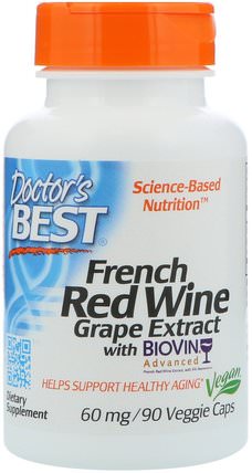 French Red Wine Grape Extract, 60 mg, 90 Veggie Caps by Doctors Best, 補充劑，抗氧化劑，葡萄籽提取物，葡萄提取物 HK 香港